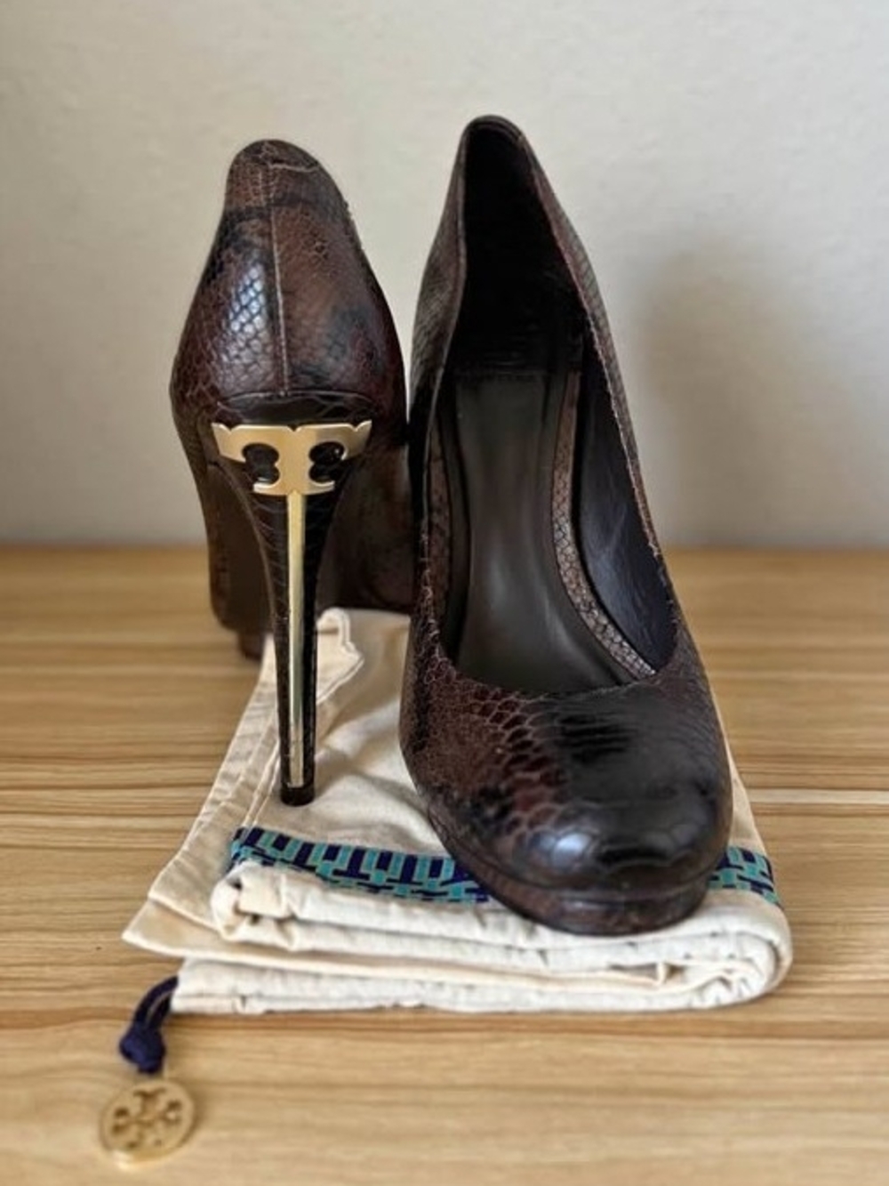 Tory Burch Brown Snake-Embossed Leather Stiletto Pumps with Gold Heel Logo